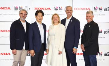 Honda named Founding Partner of LA28 Olympic and Paralympic Games and Official Automotive Partner of LA28 and Team USA at American Honda Headquarters in Torrance, Calif. From Left to Right: Casey Wasserman, LA28 Chairperson & President; Kazuhiro Takizawa, American Honda President & CEO; Sarah Hirshland, U.S. Olympic & Paralympic Committee (USOPC) CEO; Reynold Hoover, LA28 CEO; John Slusher, U.S. Olympic and Paralympic Properties (USOPP) CEO