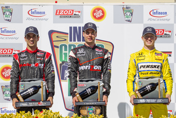 26-28 August, 2011, Sonoma, California USA.Helio Castroneves, Will Power and Ryan Briscoe on the podium.(c)2011, Michael L. Levitt.LAT Photo USA