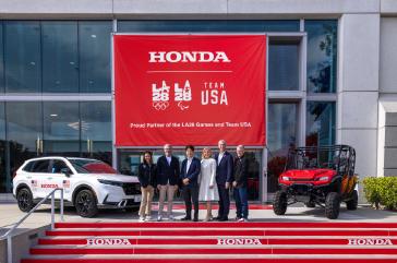 Honda named Founding Partner of LA28 Olympic and Paralympic Games and Official Automotive Partner of LA28 and Team USA at American Honda Headquarters in Torrance, Calif. From Left to Right: Janet Evans, LA28 Chief Athlete Officer; Casey Wasserman, LA28 Chairperson & President; Kazuhiro Takizawa, American Honda President & CEO; Sarah Hirshland, U.S. Olympic & Paralympic Committee (USOPC) CEO; Reynold Hoover, LA28 CEO; John Slusher, U.S. Olympic and Paralympic Properties (USOPP) CEO