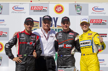 26-28 August, 2011, Sonoma, California USA.Helio Castroneves, Will Power, Roger Penske and Ryan Briscoe at the podium.(c)2011, Michael L. Levitt.LAT Photo USA