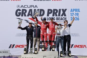 #93: Acura Meyer Shank Racing w/Curb Agajanian, Acura ARX-06, GTP: Renger van der Zande, Nick Yelloly celebrate on the podium with Honda HRC guests
