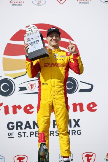 #10: Alex Palou, Chip Ganassi Racing Honda celebrates on the podium