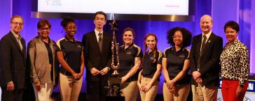 Honda executives congratulate Stillman College for winning the 34th Honda Campus All-Star Challenge (HCASC), the school’s first-ever HCASC National Championship. Pictured from left to right: Bob Nelson, Executive Vice President, Corporate Services, American Honda; Dr. Cynthia Warrick, president, Stillman College; Jaela Williams, Stillman College junior; Noriya Kaihara, president & CEO, American Honda; team captain Carla A. Louca, Stillman College senior; Susannah Britain LeMay, Stillman College junior; Zharia Nubia Lankford, Stillman College senior; Dr. Thomas Steven Jennings, Stillman College team coach; and Yvette Hunsicker, vice president of Corporate Social Responsibility and Inclusion & Diversity, American Honda.