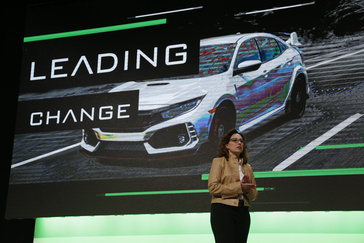 Pam Heminger, vice president for Purchasing, Honda of America Mfg., Inc., talks to suppliers at the Honda Supplier Conference April 24-25 in Columbus, Ohio.