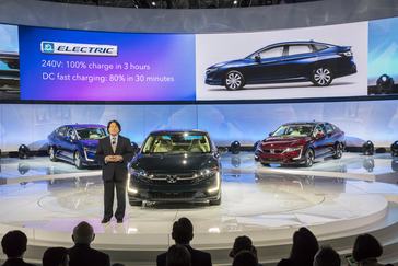 Steven Center, vice president of the Connected and Environmental Business Development Office at American Honda Motor Co. introduces the new Clarity Plug-In Hybrid and Clarity Electric at the 2017 New York International Auto Show on Wednesday, April 12 2017.