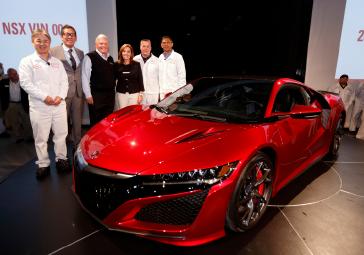 Speakers at the 2017 Acura NSX line off event with the first production vehicle. (From l-r: Tomoni  Kosaka, president of Honda of America Mfg. Inc; Jon Ikeda, vice president and general manager of Acura; Rick Hendrick, owner of Hendrick Motorsports and chairman of Hendrick Automotive Group; Mary Taylor, lieutenant governor for the State of Ohio; Ted Klaus, Acura NSX global development leader, Honda R&D Americas, Inc.; Clement D'Souza, Acura NSX engineering large project leader, Honda of America Mfg.Inc.)
