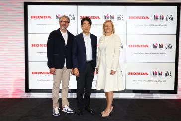 Honda named Founding Partner of LA28 Olympic and Paralympic Games and Official Automotive Partner of Team USA at American Honda Headquarters in Torrance, Calif. From Left to Right: Casey Wasserman, LA28 Chairperson & President; Kazuhiro Takizawa, American Honda President & CEO; Sarah Hirshland, U.S. Olympic & Paralympic Committee (USOPC) CEO