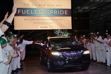 The all new 2014 Acura MDX rolled off the assembly line at Honda Manufacturing of Alabama Thursday, May 2 to an excited crowd of more than 1,500 HMA associates. HMA is now the exclusive global production source of the Acura MDX.
