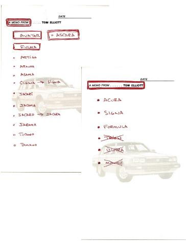 Tom Elliott, then assistant vice president of auto sales, was a key player in the development of Acura, including the naming of the brand. Here are Elliott’s notes from one of the meetings where brand names were discussed with NameLab, Inc., the San Francisco-based company hired to come up with a name that could embody the key concepts for the new brand – precision and quality. This resulted in “Acura” – derived from the Latin root “acu,” meaning sharp or precise.