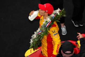 #10, Alex Palou, Chip Ganassi Racing Honda celebrates in victory lane with the traditional drink of milk