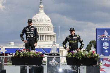 #27: Kyle Kirkwood, Andretti Global Honda, #26: Will Power, Andretti Global Honda celebrate on the podium