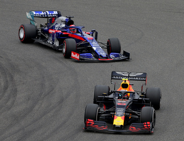 Red Bull’s Pierre Gasly leads Toro Rosso’s Daniil Kvyat early in Sunday’s Chinese Grand Prix

