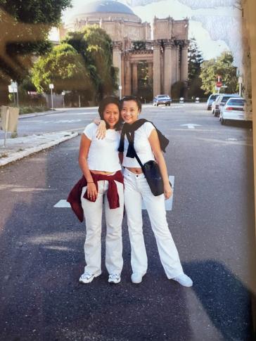 MJ Foxley and her sister Grace Tamayo in San Francisco in August 1999. Grace tragically sustained traumatic injuries after being ejected from a car in a multiple rollover crash and died at age 19, while not wearing a seat belt.