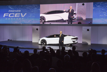 Tetsuo Iwamura, President and CEO, American Honda Motor Co., Inc. introduces the Honda FCEV Concept at the 2013 Los Angeles Auto Show, November 20, 2013.