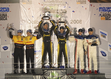 16-18 October, 2008,  Monterey, California USA. Franck Montagny and Tony Kanaan of the Andretti Green Acura on the top step of the LMP2 podium. ©2008, Richard Dole, USA. LAT Photographic.