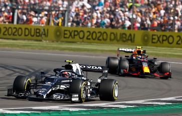 AlphaTauri’s Pierre Gasly leads Sergio Perez Sunday at Silverstone