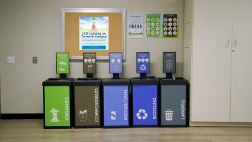 Enhanced recycling systems, including waste sorting in cafeterias with   composting and eliminating single-use plastic water bottles, divert an average of 95% of campus waste from landfills annually.