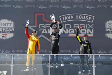 #27: Kyle Kirkwood, Andretti Global Honda, #10: Alex Palou, Chip Ganassi Racing Honda, #26: Will Power, Andretti Global Honda celebrate on the podium