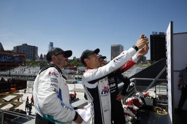 #10: Alex Palou, Chip Ganassi Racing Honda, #27: Kyle Kirkwood, Andretti Global Honda, #15: Graham Rahal, Rahal Letterman Lanigan Racing Honda celebrate on the podium