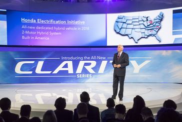 American Honda Motor Co. Senior Vice President Jeff Conrad introduces the new Clarity Plug-In Hybrid and Clarity Electric at the 2017 New York International Auto Show on Wednesday, April 12 2017.