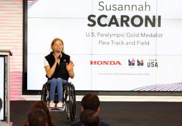 Susannah Scaroni, U.S. Paralympic gold medalist , speaks during American Honda press conference, where Honda is named Founding Partner of the LA28 Olympic and Paralympic Games and the Official Automotive Partner of LA28 and Team USA.