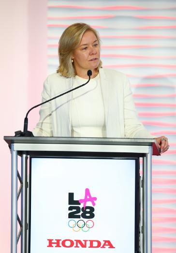 Sarah Hirshland, U.S. Olympic & Paralympic Committee (USOPC) CEO, speaks during American Honda press conference, where Honda is named Founding Partner of the LA28 Olympic and Paralympic Games and the Official Automotive Partner of LA28 and Team USA.
