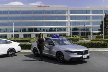 Alondra with her 2026 Honda Accord Hybrid, the 15,000,001st Accord sold in America.