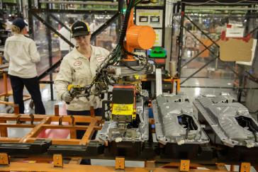 Associates perform final quality checks on hybrid battery packs assembled at the Marysville Auto Plant (MAP) in Ohio, that will power Honda Accord and CR-V hybrid models. A lift assist device is used to place the batteries on delivery racks which improves ergonomics and reduces fatigue for associates performing the process. Honda began auto production in America over 40 years ago at MAP and the plant is once again serving as a pioneer for the company and the auto industry with the addition of EV production.