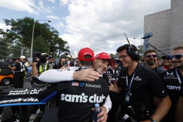 #27: Kyle Kirkwood, Andretti Global Honda celebrates in victory lane with #26: Will Power, Andretti Global Honda