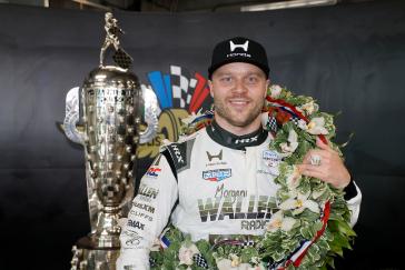 #60: Felix Rosenqvist, Meyer Shank Racing w/Curb Agajanian Honda with the Borg Warner trophy