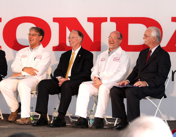 From left, Honda Senior Vice President Chuck Ernst, Alabama Gov. Robert Bentley, Honda Manufacturing of Alabama President Tom Shoupe and Alabama State Senator Jerry Fielding as Honda Manufacturing of Alabama celebrates 10 years of mass production