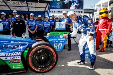 #60: Felix Rosenqvist, Meyer Shank Racing w/Curb Agajanian Honda celebrates his NTT P1 Award and pole position run with NTT guests